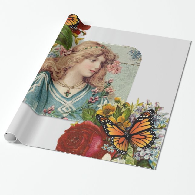 Glossy Wrapping Paper, Butterfly Floral Victorian Paper (Unrolled)