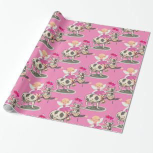 Glossy Wrapping Paper, Cow Fairy Pink Hearts Paper