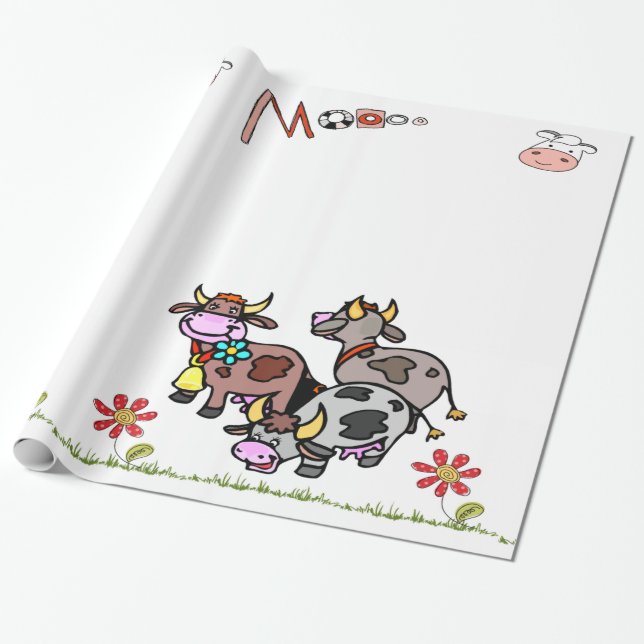 Glossy Wrapping Paper Cow Moo Grass Floral  (Unrolled)