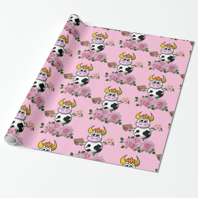 Glossy Wrapping Paper, Cow Pink Roses Chocolate Wrapping Paper (Unrolled)