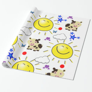 Glossy Wrapping Paper, Cow Sun Clouds Hearts Paper