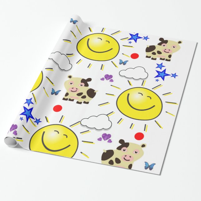 Glossy Wrapping Paper, Cow Sun Hearts Butterfly Wrapping Paper (Unrolled)