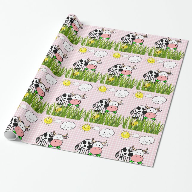 Glossy Wrapping Paper,Cows Sun Clouds Floral Plaid Wrapping Paper (Unrolled)