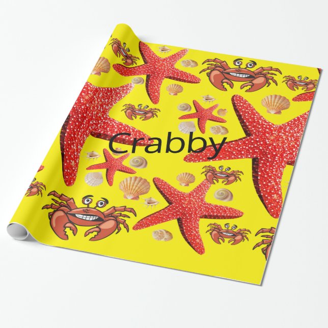 Glossy Wrapping Paper, Crabs Starfish Red Yellow Wrapping Paper (Unrolled)