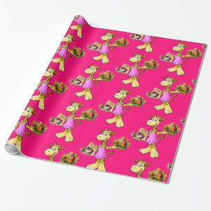 Glossy Wrapping Paper, Giraffe Floral Pink Wrapping Paper