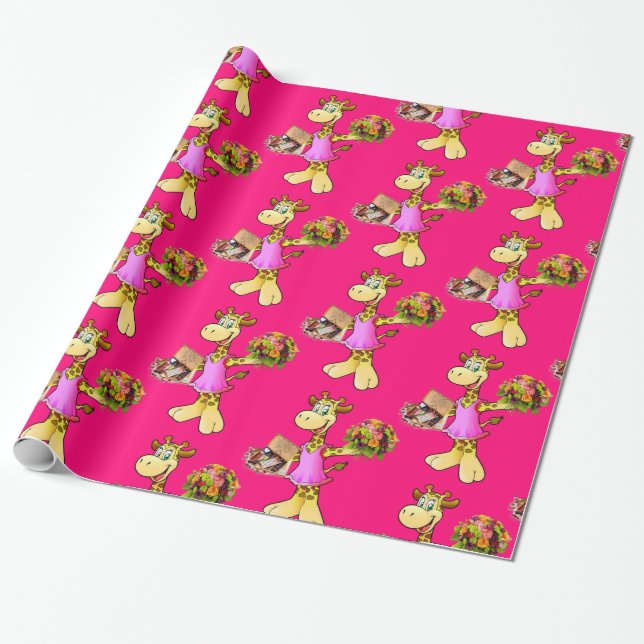 Glossy Wrapping Paper, Giraffe Floral Pink Wrapping Paper (Unrolled)
