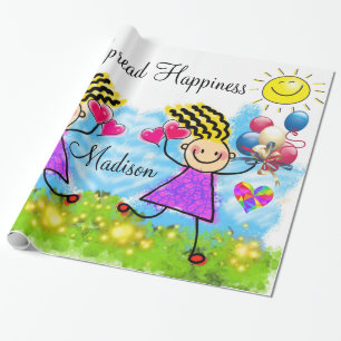 Glossy Wrapping Paper, Girl Balloons Happy Hearts Wrapping Paper
