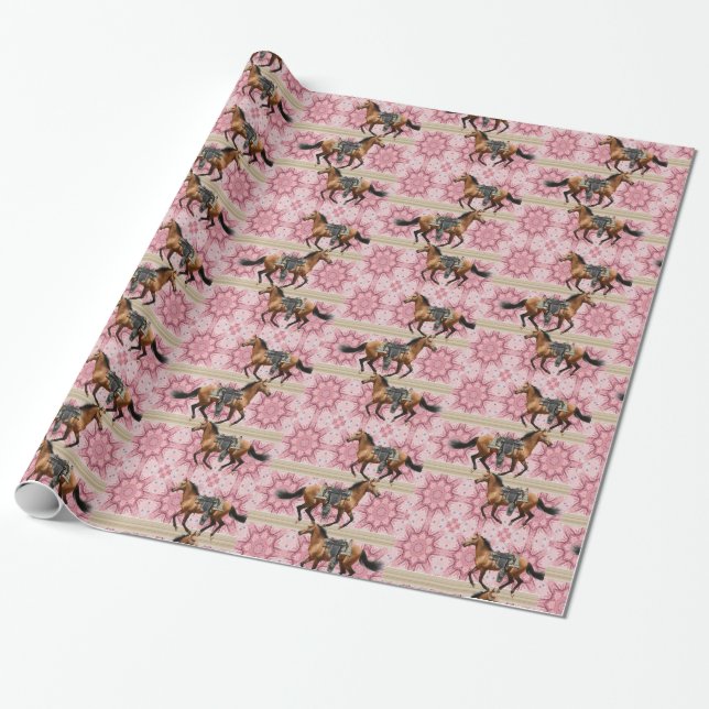 Glossy Wrapping Paper, Horses Pink Paper (Unrolled)