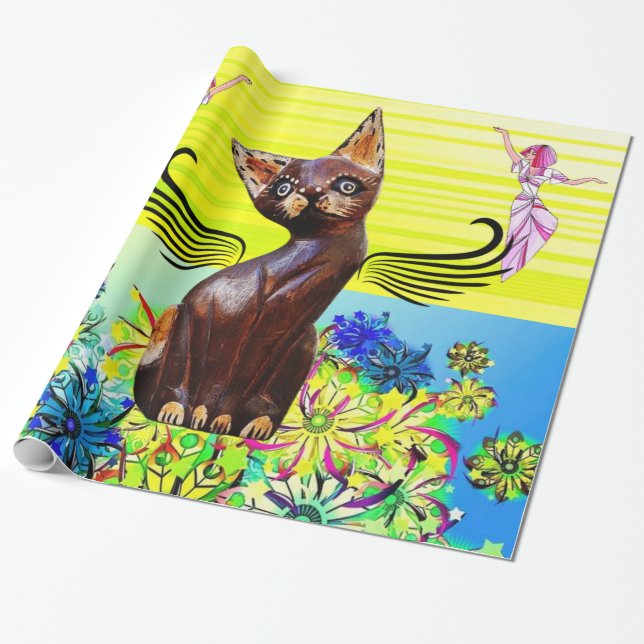 Glossy Wrapping Paper, Kitten Cat Floral Fairy Paper (Unrolled)