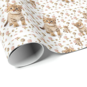 Glossy Wrapping Paper Kittens Floral