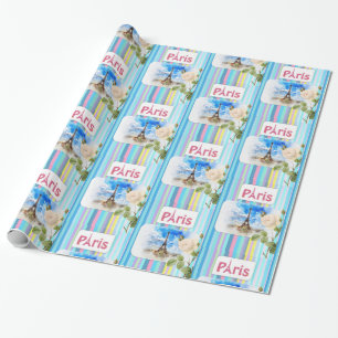 Glossy Wrapping Paper, Paris France Blue Stripe Wrapping Paper