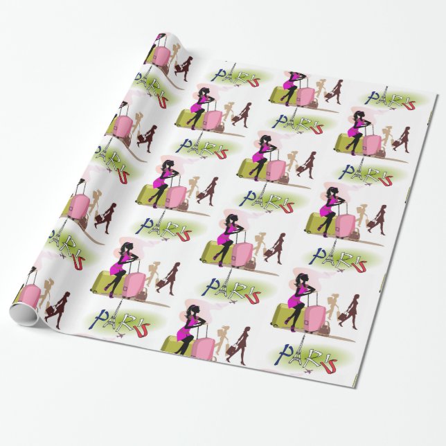 Glossy Wrapping Paper, Paris France Vacation Wrapping Paper (Unrolled)