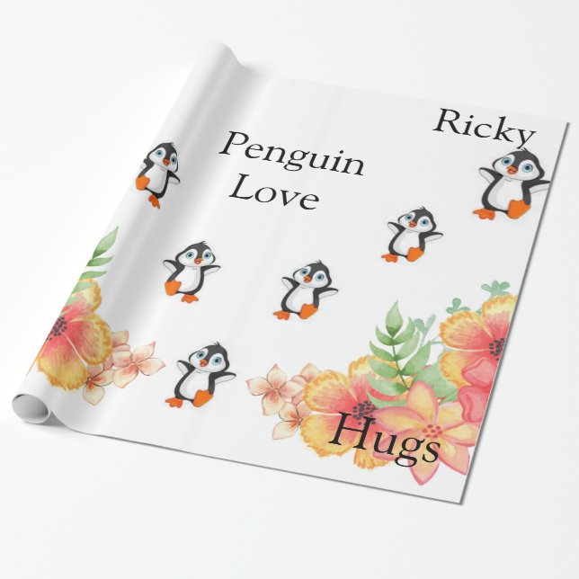 Glossy Wrapping Paper, Penguin Love Floral Paper (Unrolled)