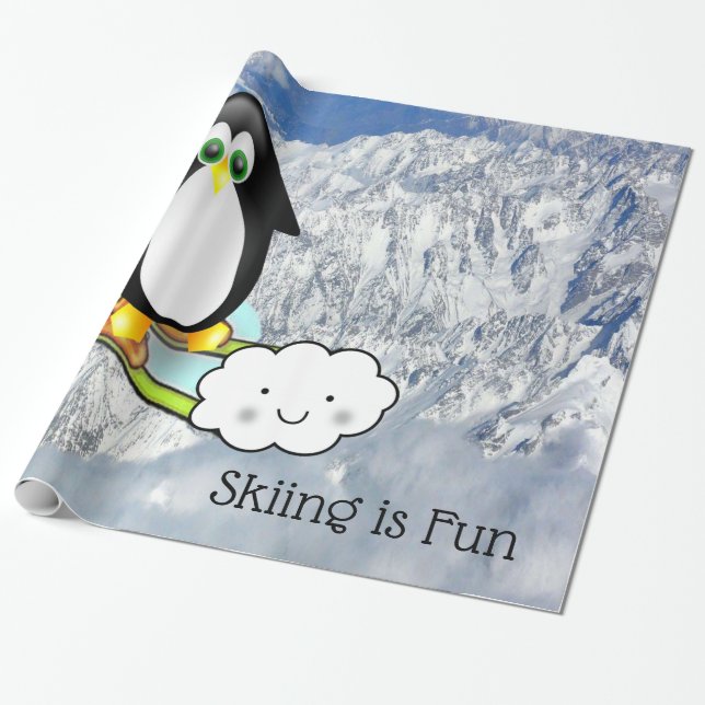 Glossy Wrapping Paper, Penguin Skiing is Fun Wrapping Paper (Unrolled)