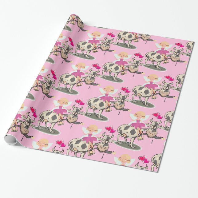 Glossy Wrapping Paper, Pink Fairy Cows Hearts Wrapping Paper (Unrolled)