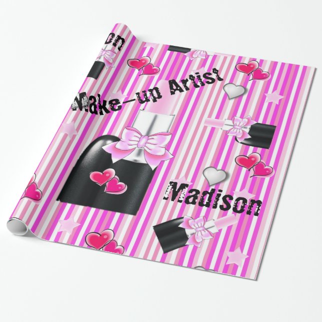 Glossy Wrapping Paper, Pink Lipstick Pink Stripe Wrapping Paper (Unrolled)