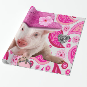 Glossy Wrapping Paper,  Pink Pig Silver Hearts Paper