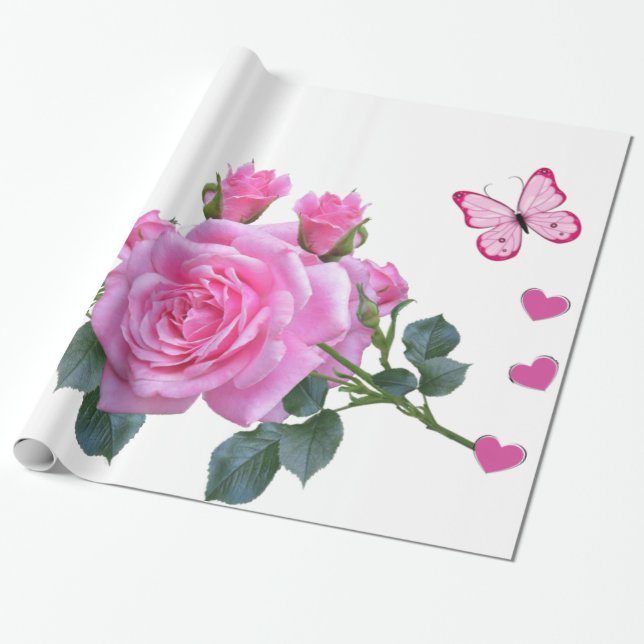 Glossy Wrapping Paper, Pink Rose Floral Butterfly Wrapping Paper (Unrolled)
