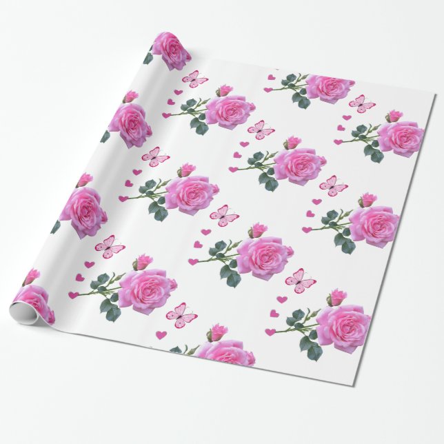 Glossy Wrapping Paper, Pink Rose Floral Butterfly Wrapping Paper (Unrolled)