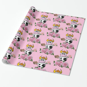 Glossy Wrapping Paper, Pink Roses Cow Chocolate Paper