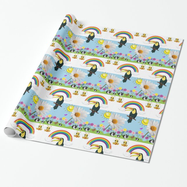 Glossy Wrapping Paper, Rainbow Parrots Sun Rabbits Paper (Unrolled)