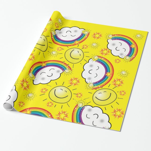 Glossy Wrapping Paper, Rainbow Sun Clouds Yellow Wrapping Paper (Unrolled)