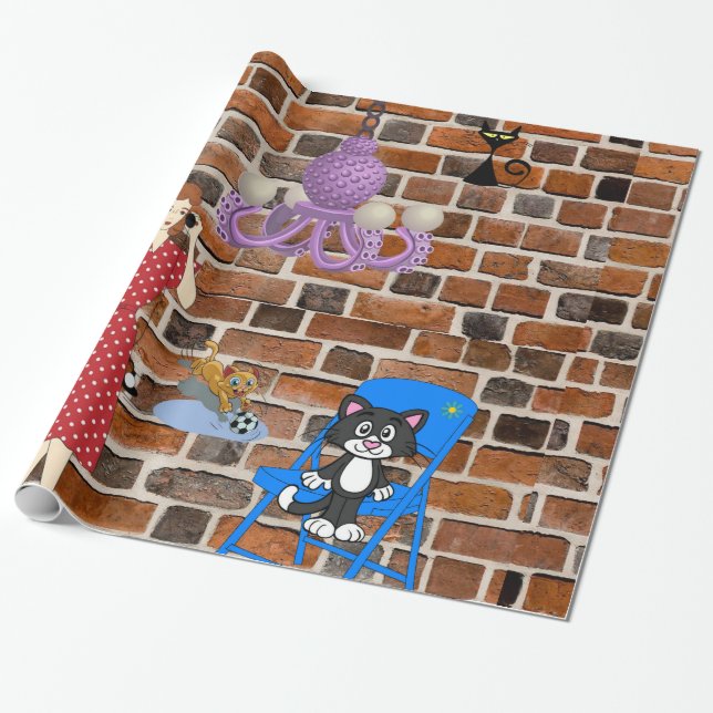 Glossy Wrapping Paper, Retro Woman Black  Cat Wrapping Paper (Unrolled)