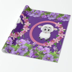 Glossy Wrapping Paper, Sheep Floral Purple Wrapping Paper