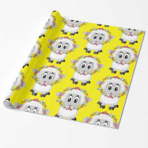 Glossy Wrapping Paper, Sheep Floral Yellow Wrapping Paper