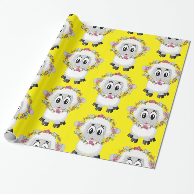 Glossy Wrapping Paper, Sheep Floral Yellow Wrapping Paper (Unrolled)