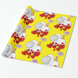 Glossy Wrapping Paper, Sheep Kitten Hearts Yellow Wrapping Paper
