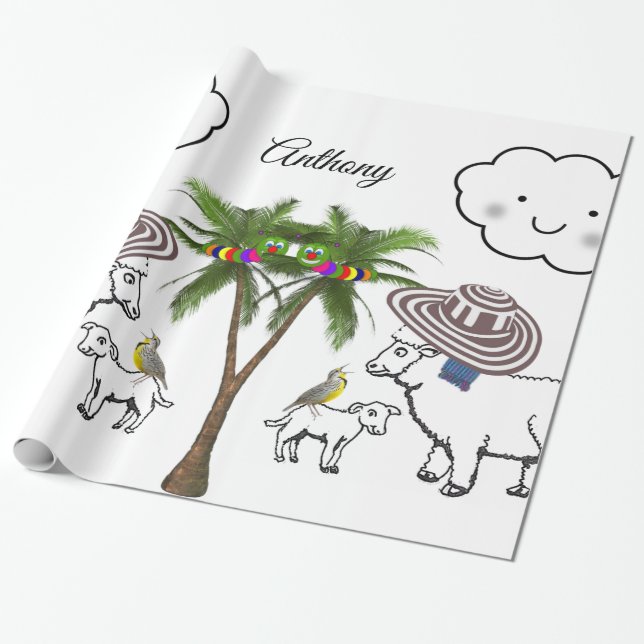 Glossy Wrapping Paper, Sheep Palm Tree Clouds Wrapping Paper (Unrolled)