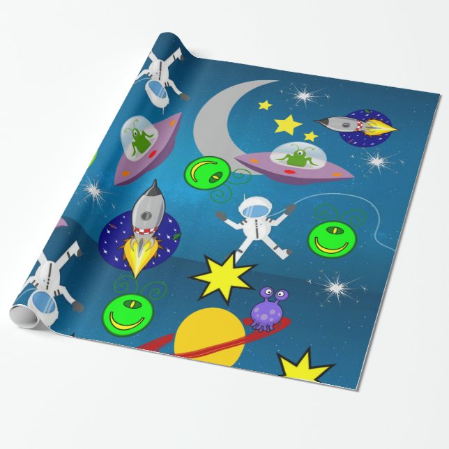 Glossy Wrapping Paper, Spaceships Aliens Paper (Unrolled)