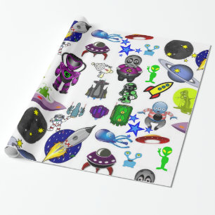 Glossy Wrapping Paper, Spaceships Aliens Wrapping Paper
