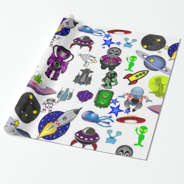 Glossy Wrapping Paper, Spaceships Aliens Wrapping Paper (Unrolled)