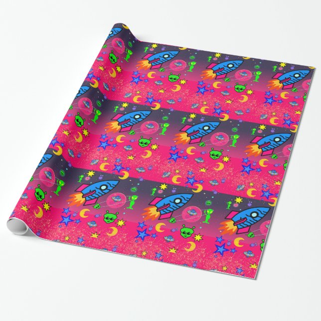 Glossy Wrapping Paper, Spaceships Aliens Wrapping Paper (Unrolled)