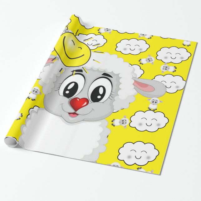 Glossy Wrapping Paper, Sun Sheep Clouds Yellow Wrapping Paper (Unrolled)