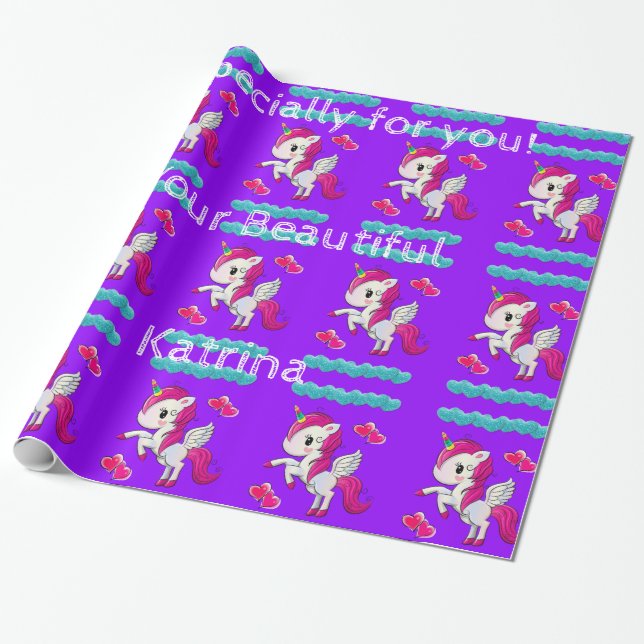 Glossy Wrapping Paper, Unicorn Blue Hearts Purple Paper (Unrolled)