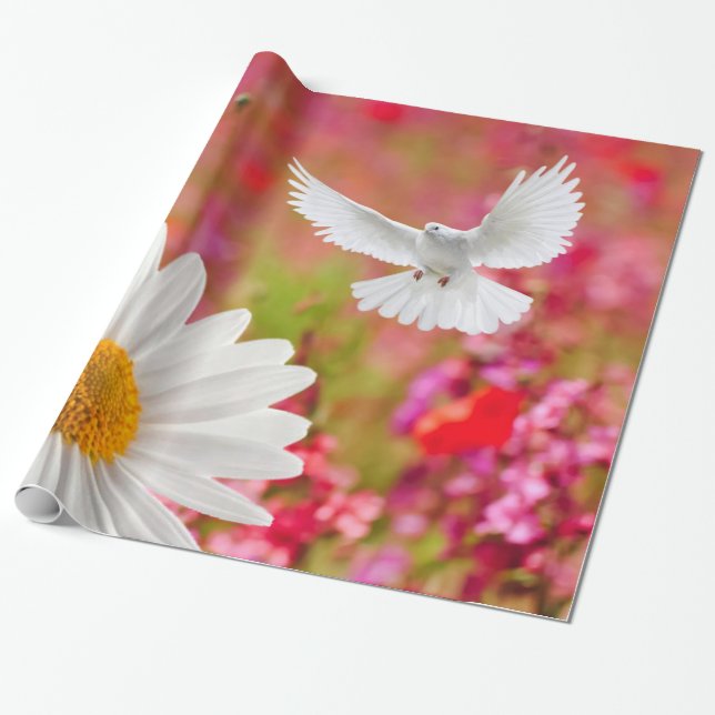 Glossy Wrapping Paper,White Daisy Dove Pink Floral Wrapping Paper (Unrolled)