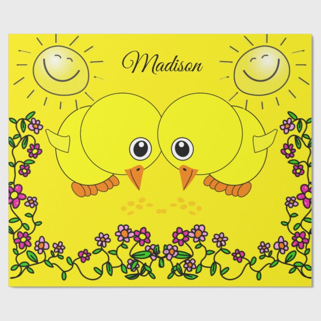 Glossy Wrapping Paper, Yellow Chicks Sun Floral Wrapping Paper (Flat)