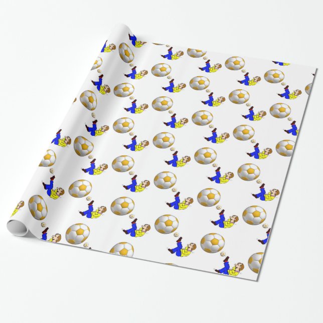 Glossy Wrapping Paper, Yellow White Soccer Ball Wrapping Paper (Unrolled)