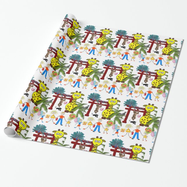 Glossy Wrapping Paper, Zoo Monkey Giraffe Wrapping Paper (Unrolled)