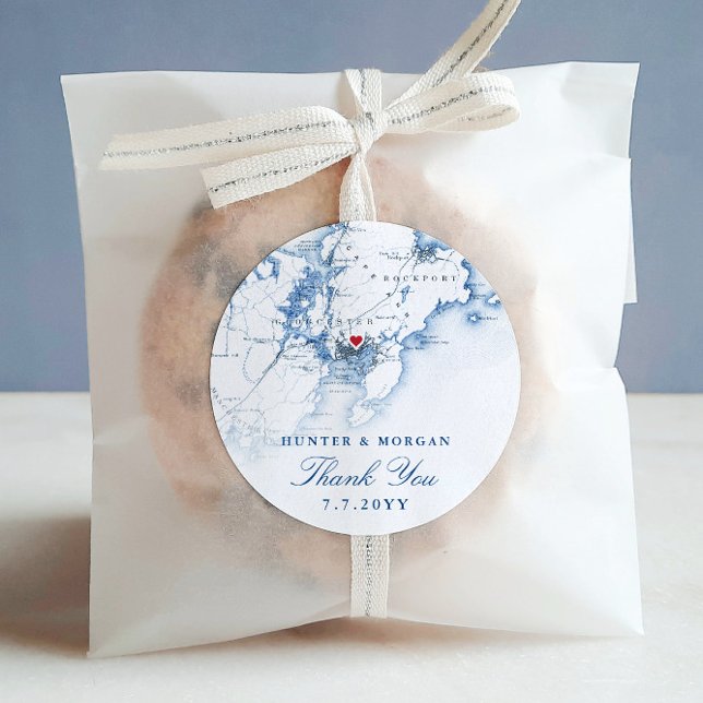 Gloucester Cape Ann Elegant Navy Wedding Favour Classic Round Sticker (These Gloucester MA map round sticker labels are perfect for your wedding favors)