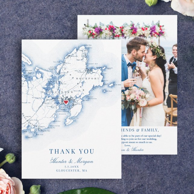Gloucester Cape Ann MA Wedding Flat Thank You Card (These Gloucester, MA map thank you cards are perfect for your Cape Ann destination wedding)