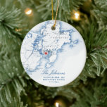 Gloucester Cape Ann Wedding Our First Christmas  Ceramic Tree Decoration<br><div class="desc">This beautiful ceramic Gloucester destination wedding Christmas Ornament is perfect to celebrate a couple's first Christmas as Mr. and Mrs.! Printed on durable ceramic, this navy blue map ornament makes a lovely wedding gift that will be cherished for years. You can move the heart and the map by clicking "Edit...</div>