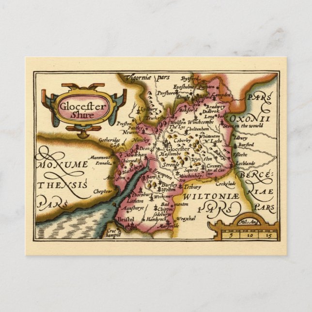 Gloucestershire County England Old Antiquarian Map Postcard (Front)
