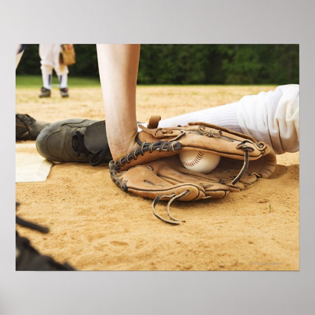 Glove of baseball player tagging runner out, poster (Front)