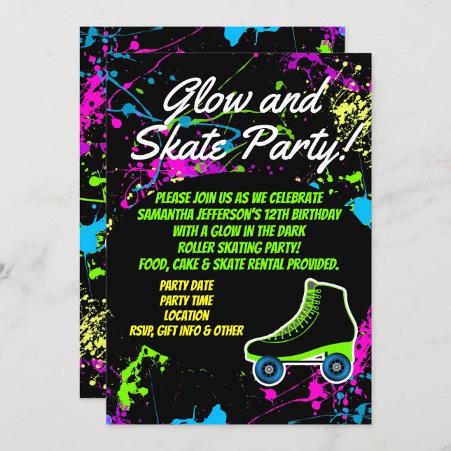 Glow and Skate Roller Skating Kids Birthday Party Invitation (Front/Back)