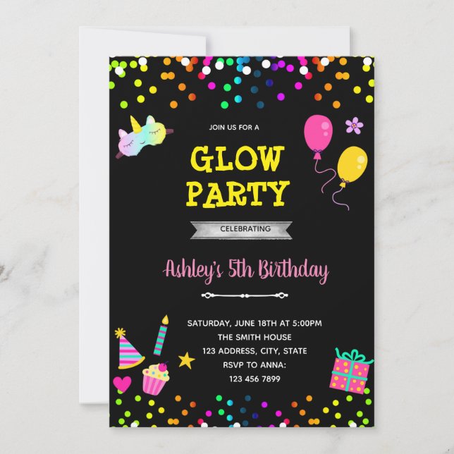 Glow and sleepover party invitation (Front)