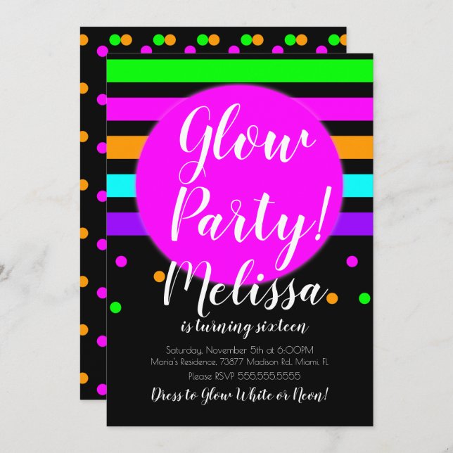 Glow Birthday Crazy Neon Glow In The Dark Party Invitation (Front/Back)